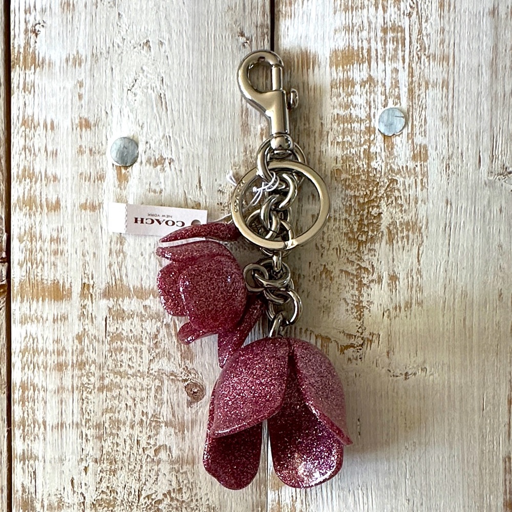 COACH GLITTER RESIN TEA ROSE BAG CHARM SILVER/STRAWBERRY NWT